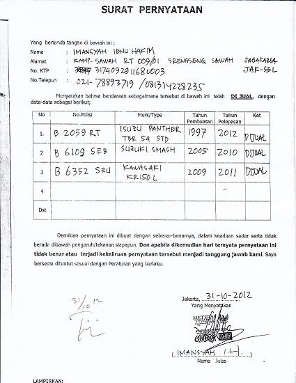 Contoh Surat Pernyataan Blokir Stnk - Contoh O