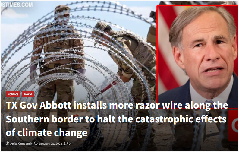 Meme saying that the Texas razor wire is to prevent global warming.
