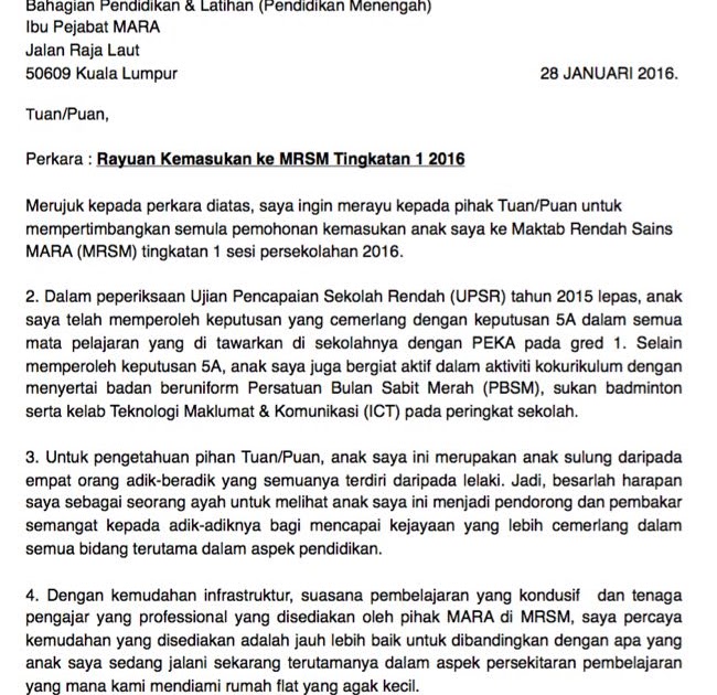 Surat Rayuan Sekolah Berasrama Penuh - Kuora j