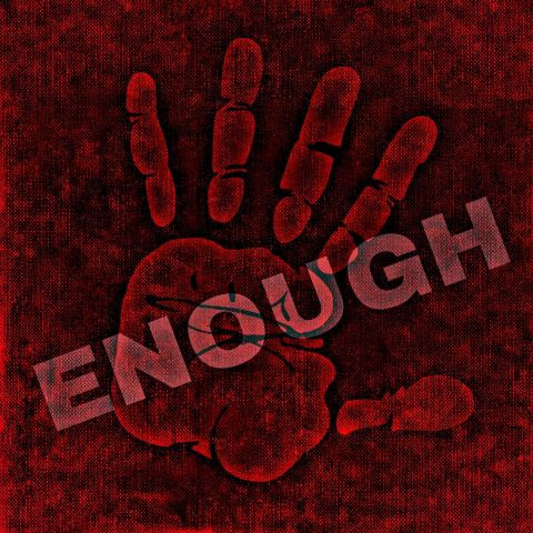 Red square with a handprint with the word "Enough" on top of it