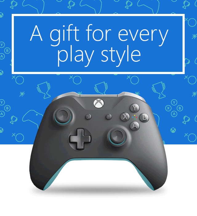 A gift for every play style | Xbox Sport White controller, Xbox Playerunknown's Battlegrounds Limited Edition controller, Xbox Armed Forces II Special Edition controller, Xbox Grey & Blue controller, and Xbox Phantom Black controller.
