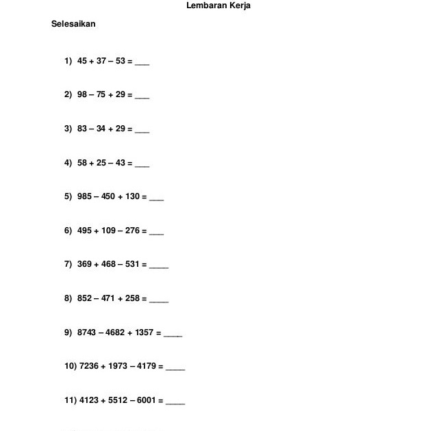 Soalan Matematik Operasi Bergabung Tahun 4 - Kosong Kerja