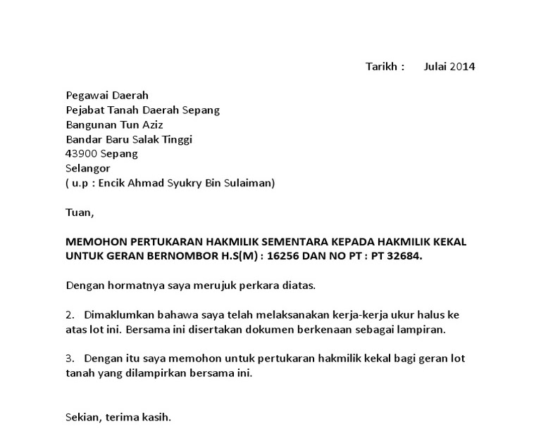 contoh surat pertukaran nama syarikat