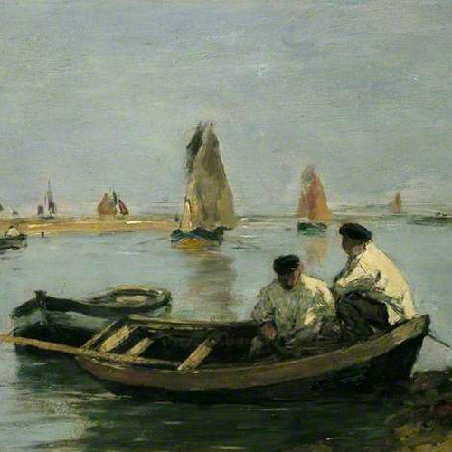 Detail of a painting by Eugene Boudin of men in a fishing boat