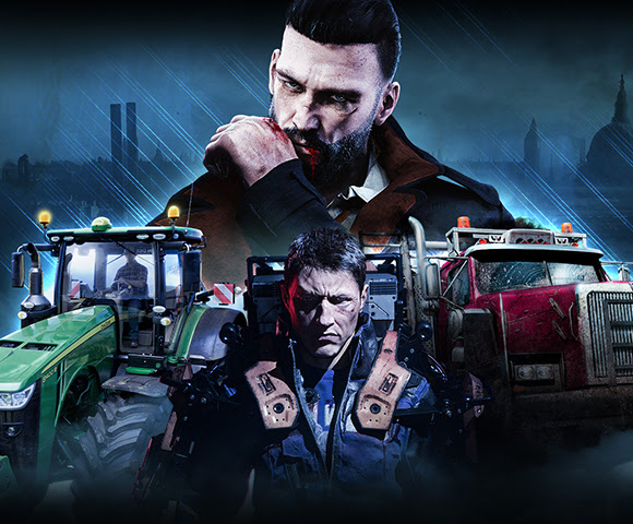 Various video game characters staring menacingly ahead with their vehicles by their side.