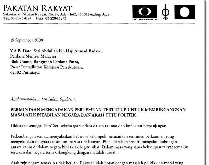 Surat Rasmi Kepada Menteri Besar Selangor - Puasac