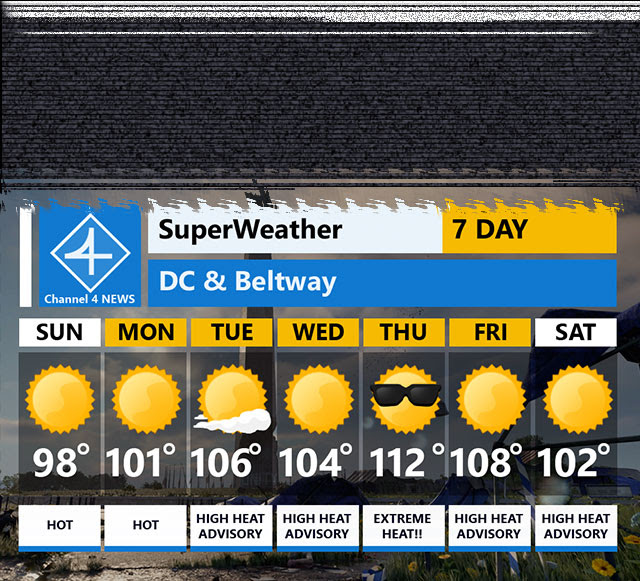 A fictitious, 7-day weather outlook for the D C area showing very hot temperatures predicted.