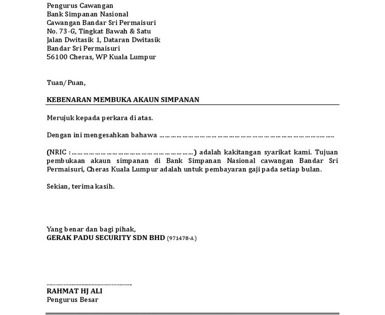 Surat Rasmi Permohonan Buka Akaun Bank - Kecemasan q