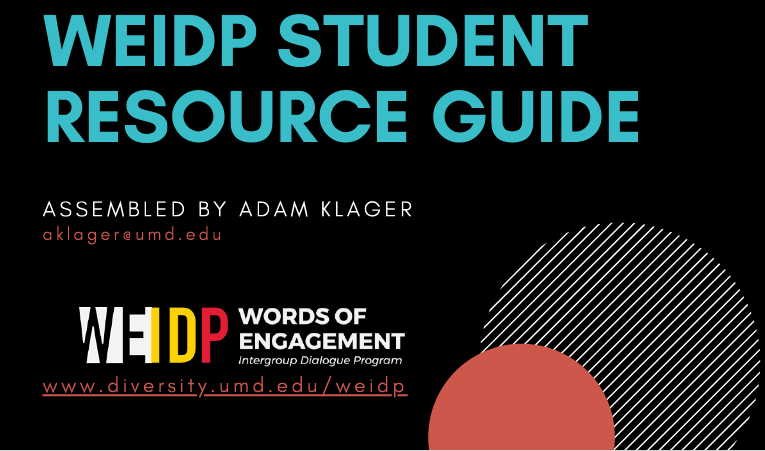 The WEIDP logo, some decorative circles, and the text W.E.I.D.P. Student Resource Guide, Assembled by Adam Klager