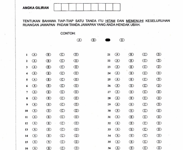 Contoh Borang Jawapan Soalan Objektif - Soalan by