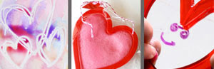 Three of 10 easy valentine's day activities: wax-resist cards, play dough favours, mirrors and arts activity