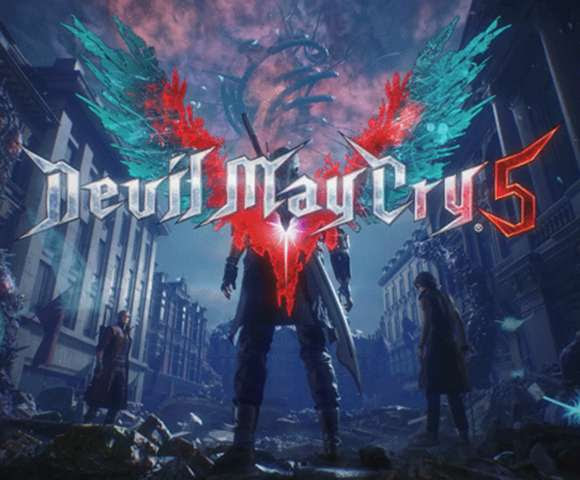 Three characters walking through a ruined city with the Devil May Cry 5 logo in the center.