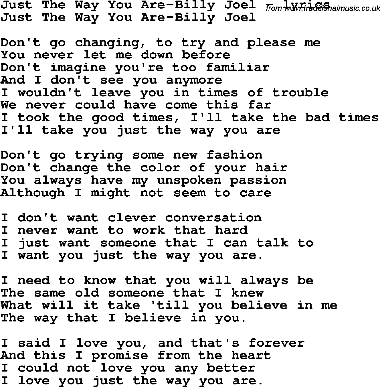 Lyrics Center Lyrics Just The Way You Are Billy Joel