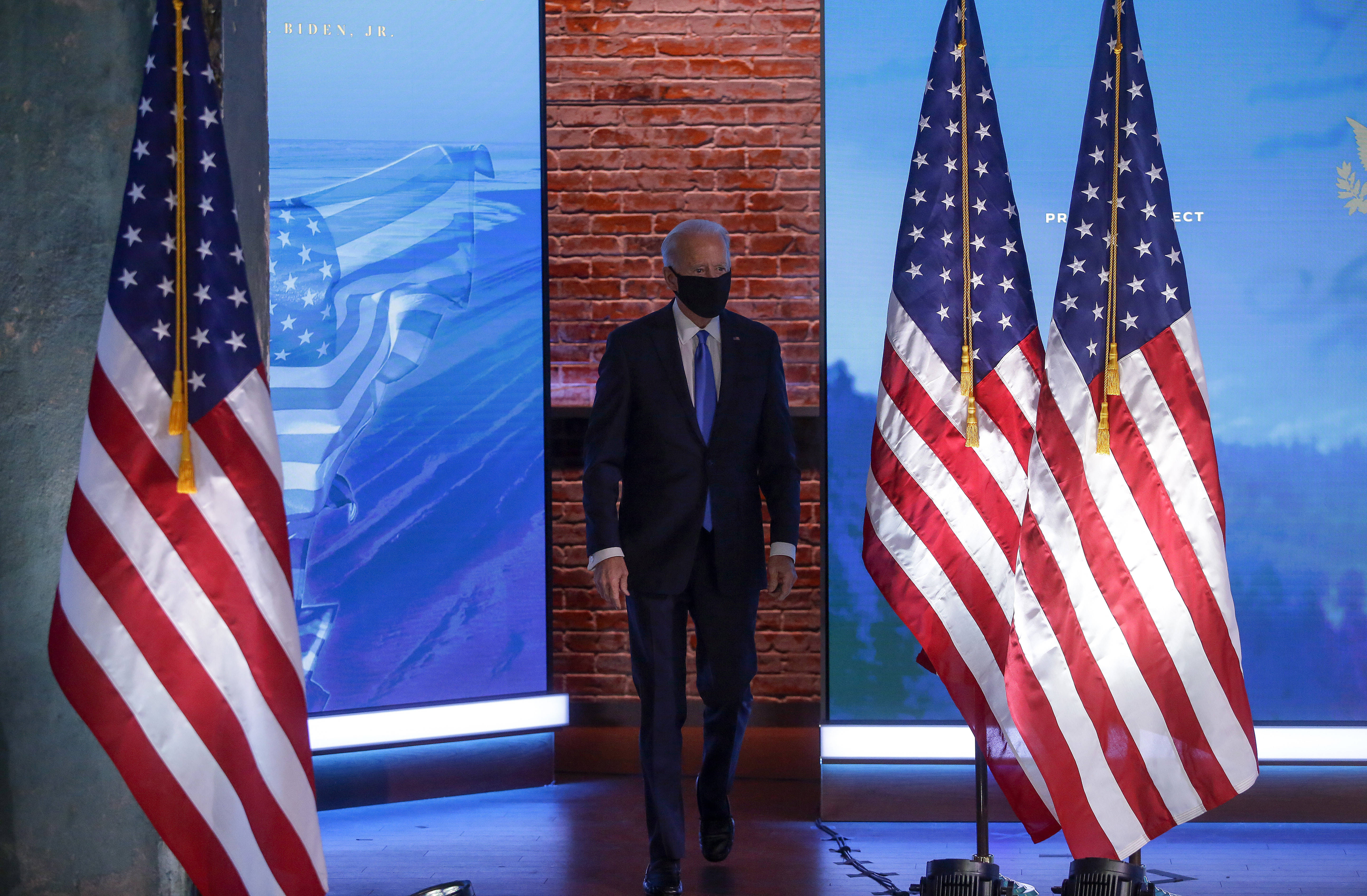 Biden arrives Dec. 14 to give a victory speech after the electoral college voted him the next president. (Joshua Lott/The Washington Post)