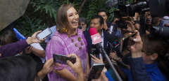 Congresswoman Xochitl Galvez, an opposition presidential hopeful, speaks to the press after registering her name as a candidate, in Mexico City, Tuesday, July 4, 2023. (AP Photo/Fernando Llano)/XFLL104/23185759118028//2307042320