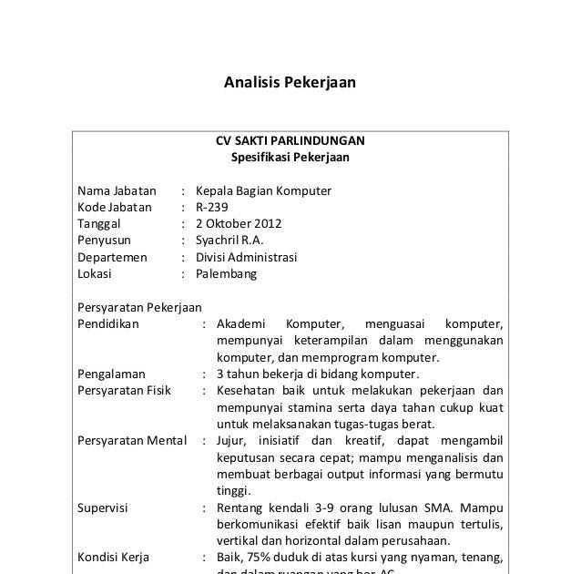 Contoh Job Description Dan Spesifikasi - Berita Jakarta