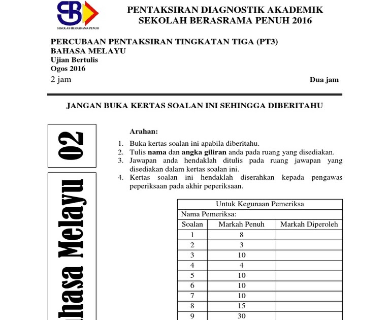 Kertas Soalan Percubaan Bahasa Melayu Pt3 2019 - Persoalan t