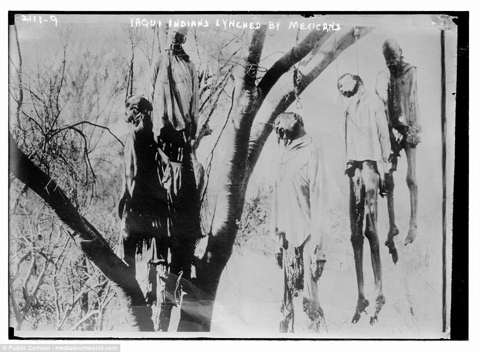 The pictures also depict the brutality of the conflict, in this instance a group of six Yaqui Indians who had been lynched