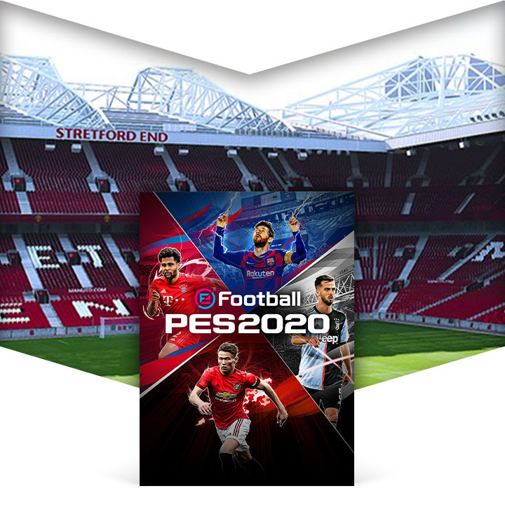 PES 2020 cover art in front of a Stretford End stadium background