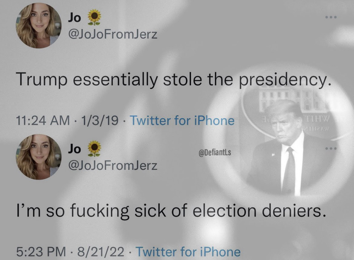 Hypocrite: Jo from Jerz. Says Trump stole election then condemns election deniers.
