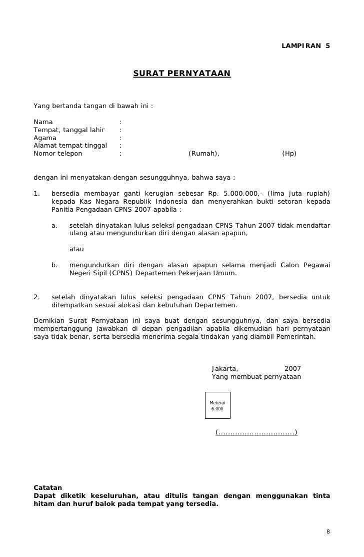 Contoh Surat Pernyataan Bersedia Ditempatkan Diseluruh Wilayah Indonesia Cpns Contoh Surat