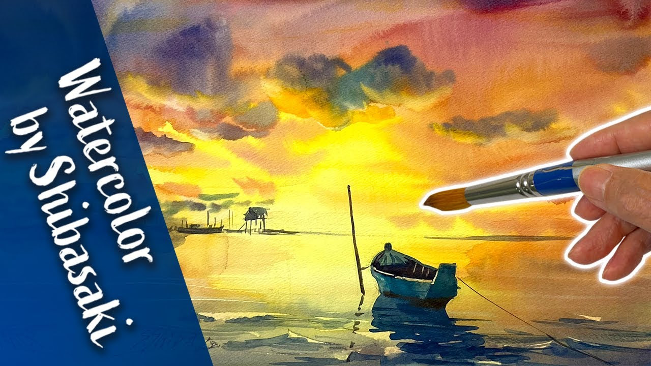 Elandybutton 印刷可能 海 夕日 イラスト 色鉛筆 7090