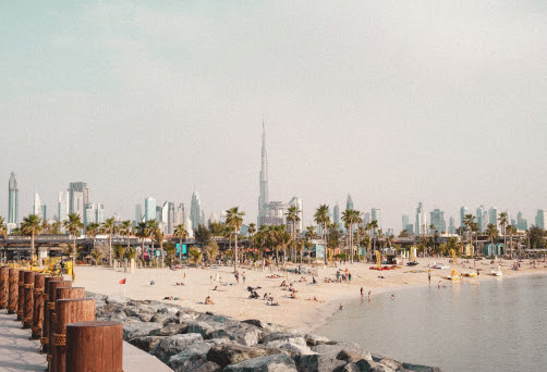 Descrição da imagem: Foto de uma pequena praia com pessoas e palmeiras salpicadas por toda parte e um corpo d'água em primeiro plano. Um horizonte da cidade ligeiramente nebuloso pode ser visto ao fundo.