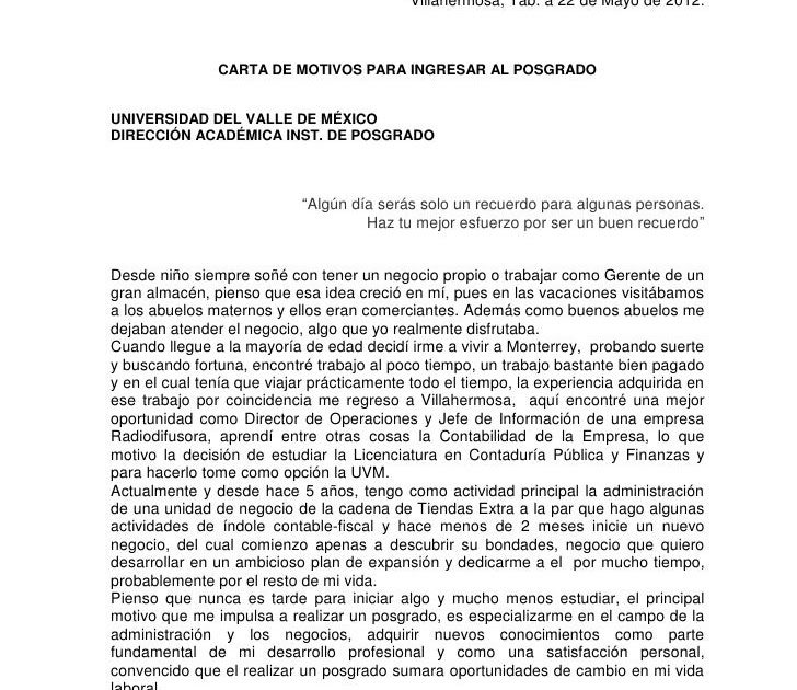 Carta De Motivos Para Maestria Pdf - w Carta De