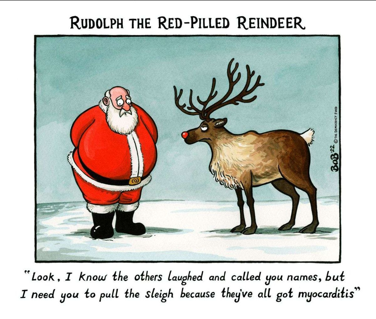 Cartoon depicting Santa apologizing to apparent anti-Vax Rudolph for being the only reindeer left who is not ill from the vaccine.