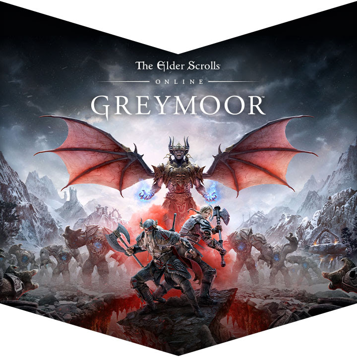 Key art from The Elder Scrolls Online: Greymoor showing player characters brandishing battle axes toward an oncoming horde of enemies 