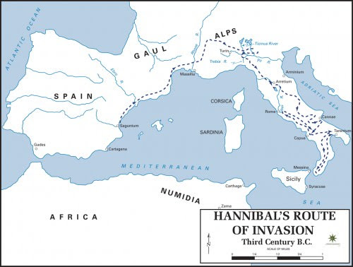 Map of Hannibals Route into Italy