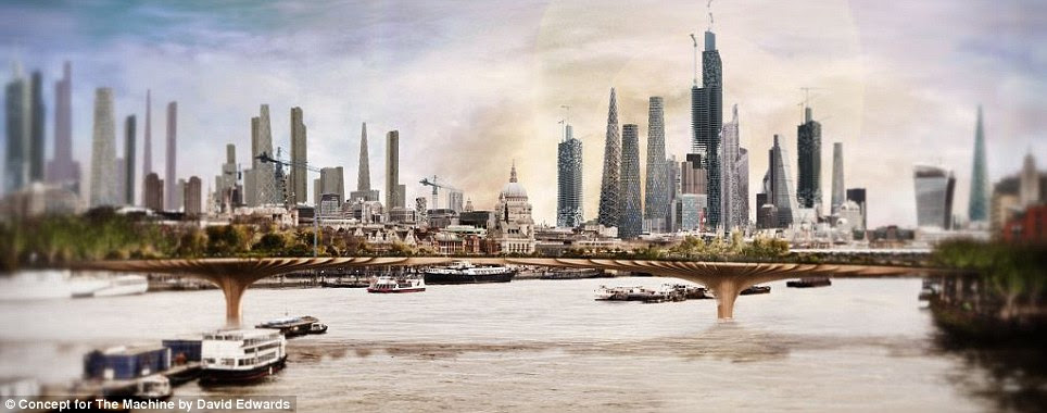 In this image, St Paul's Cathedral is pictured in the background, while Waterloo Bridge in the foreground has been transformed into a garden. Edwards' vision, taken from the plot of the film, is set in the near future when the world is in the depths of another Cold War. It depicts a city where the Ministry of Defence is working on keeping a close eye on its residents as it develops a robotic soldier