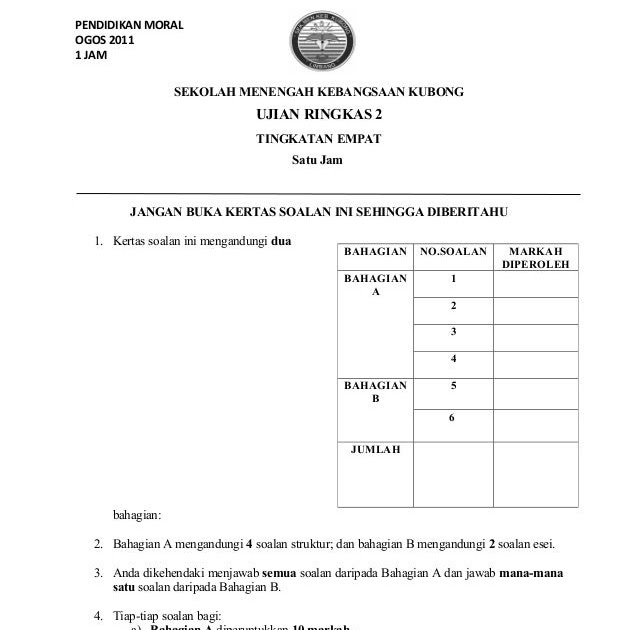 Contoh Soalan Esei Pendidikan Moral Tingkatan 4 - Malacca t