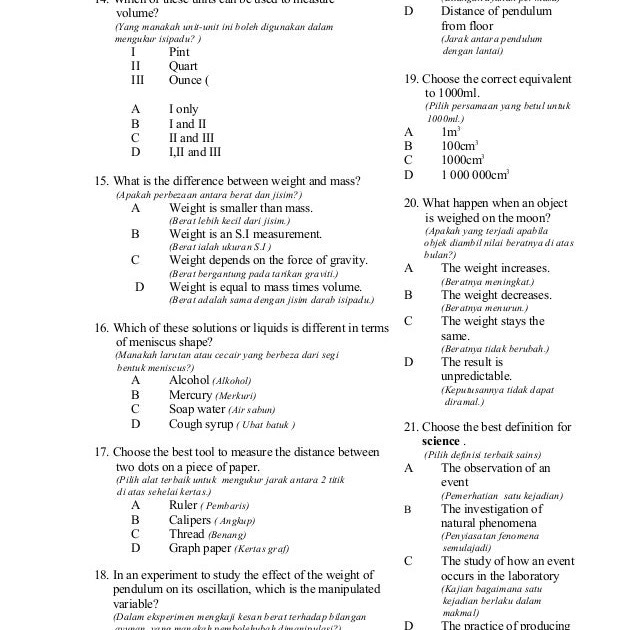 Contoh Soalan Objektif Sains Tingkatan 2 - Soalan a