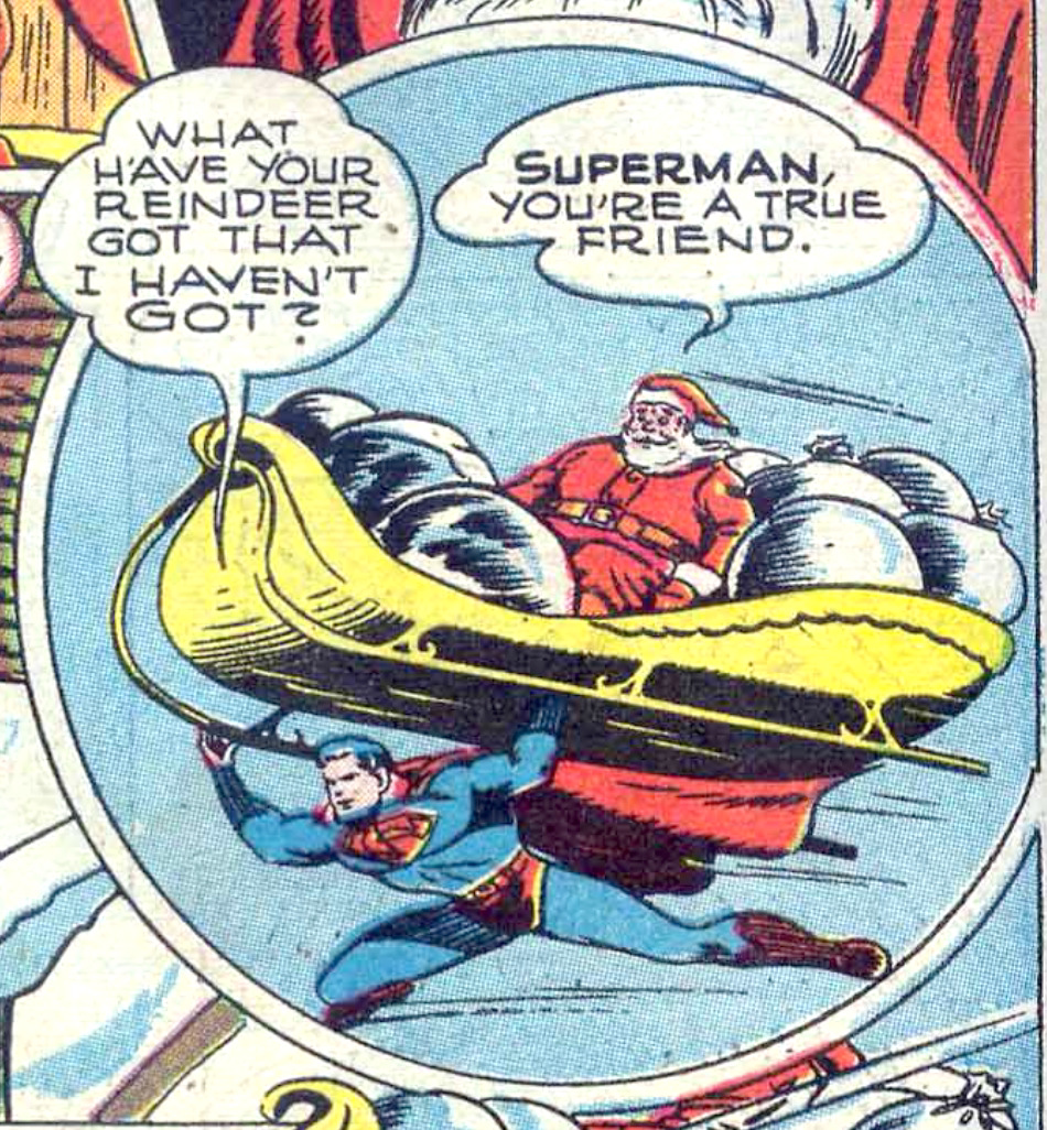 Artwork from an old DC Comics showing Superman carrying along Santa sleigh as if the deers were on strike or sick.