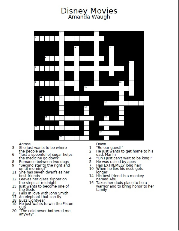 Return to word games home from latest crossword puzzle answers. Disney Movie Crossword Puzzle Wg News