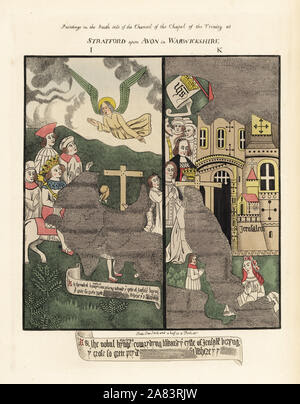 Byzantine Emperor Heraclius riding with the Holy Cross taken from Persian King Khosrau II visited by an angel (I), and Heraclius walking bearing the true cross into Jerusalem (K). Handcoloured etching drawn and etched by Thomas Fisher from his Paintings on the Walls of the Chapel of the Trinity, Stratford upon Avon, 1808. - Stock Image