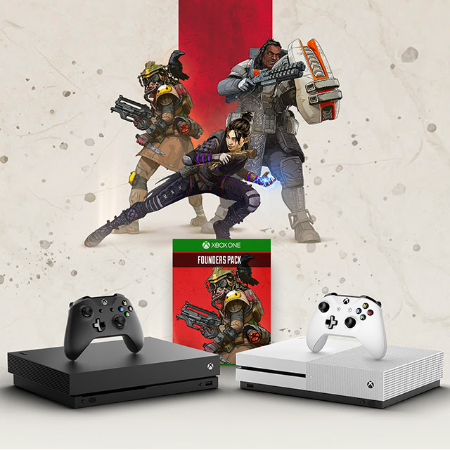 Three characters from Apex Legends floating above two Xbox One consoles.