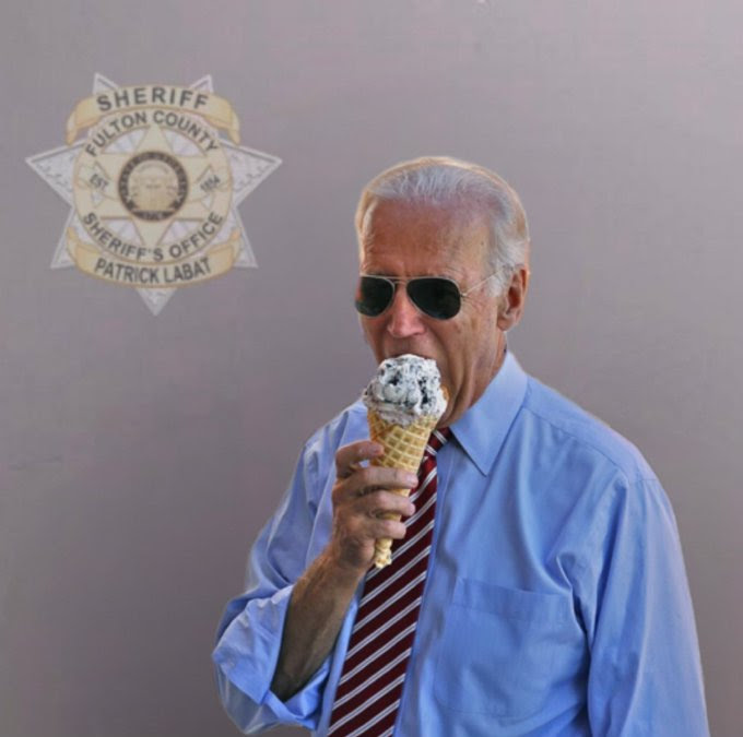 Trump mugshot meme. Trump replaced by Jow Biden eating Ice Cream.