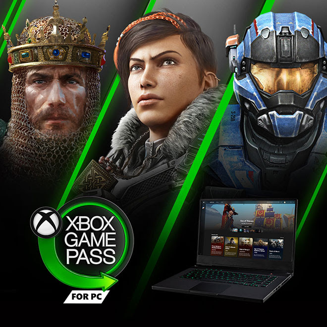 A king from Age of Empires, Kait Diaz from Gears 5, and a Halo Spartan warrior are seen above a laptop and the Xbox Game Pass for PC logo.