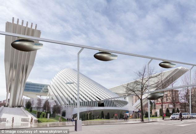 The future? Residents and visitors to Tel Aviv, Israel, will soon be able to take in the bustling city's sights, from the comfort of a hovering sky car. An artist's impression of the system is pictured