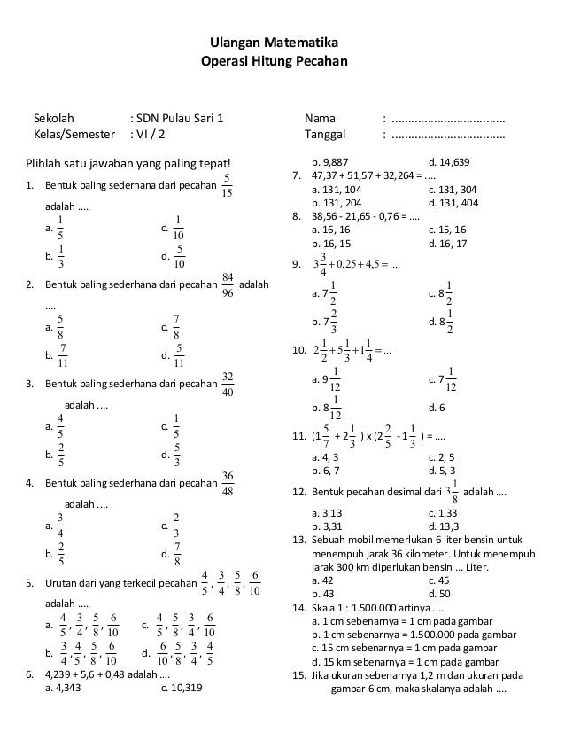 Soal Ulangan Harian Matematika Kelas 3 Bab Pecahan Sederhana