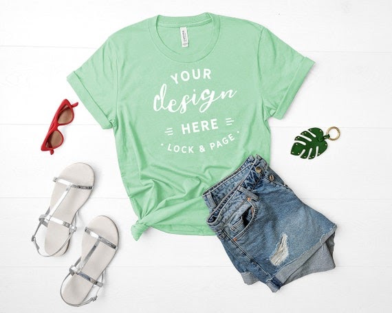 Download Bella Canvas 3001 Mockup Mint Green Unisex T-Shirt Flat ...