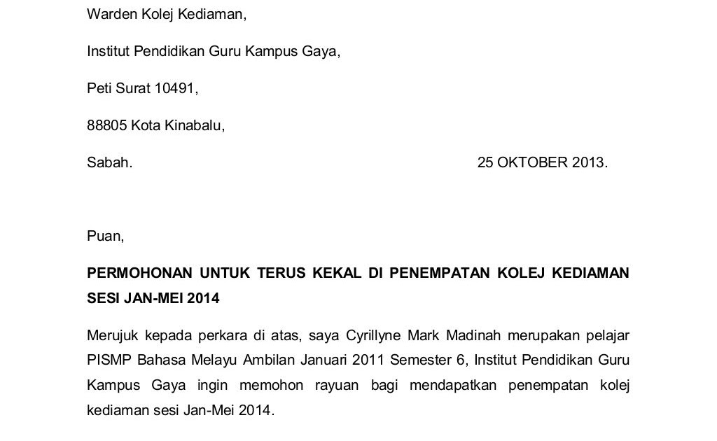 Contoh Surat Rayuan Permohonan Asrama Uitm - Contoh Woke