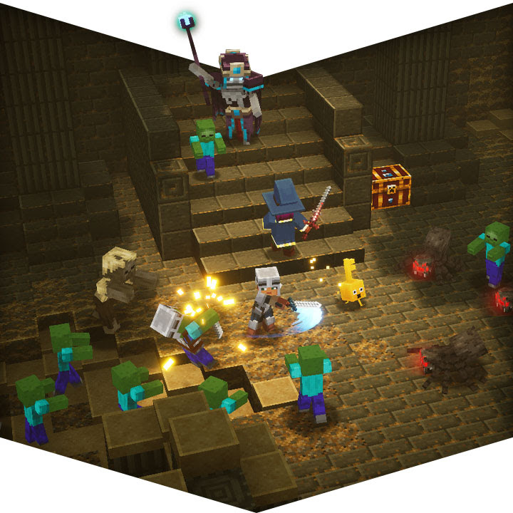 A screenshot of Minecraft Dungeons showing the player party battling through monsters as a necromancer raises their staff at the top of a staircase.