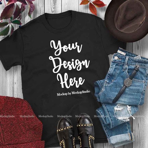Download Free Fall Mockup Black Gildan 64000 T-Shirt Styled Autumn T-Shirt (PSD) - Download Free Fall ...