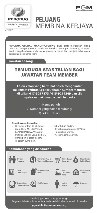 Jawatan kosong di suruhanjaya perkhidmatan… warganegara malaysia yang berminat dan memenuhi kriteria yang telah ditetapkan dijemput untuk memohon jawatan kosong di suruhanjaya perkhidmatan awam malaysia (spa) sebagai : Iklan Jawatan Perodua Global Manufacturing Portal Kerja Kosong Graduan