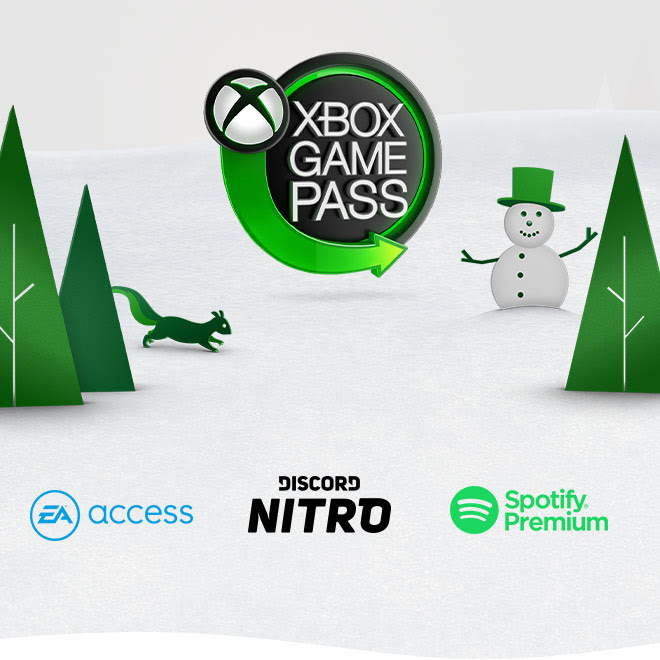 Among illustrated holiday iconography, the Xbox Game Pass logo sits above logos for EA Access, Discord Nitro, and Spotify Premium.