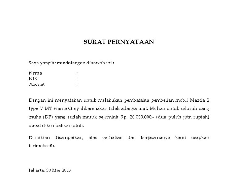 Contoh Surat Pernyataan Pembatalan Pembelian - Contoh Surat