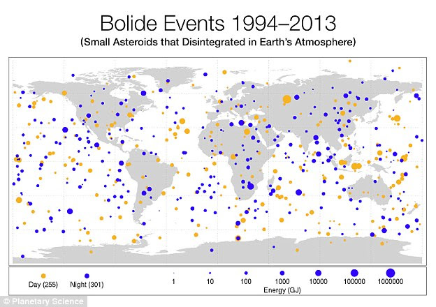Map Of The World Hnga Collision course: Map shows the number of asteroids striking Earth's atmosphere over a 20 year